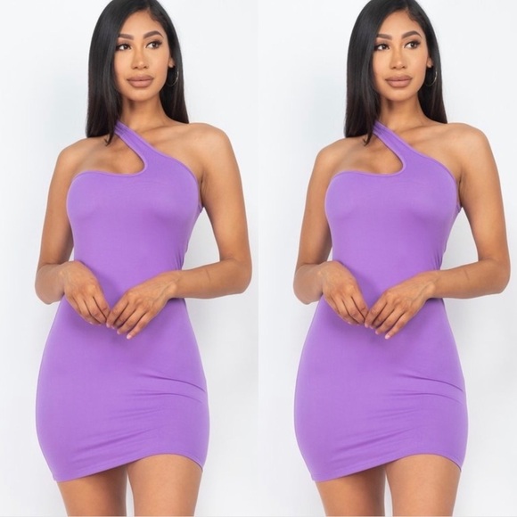 VIOLET PURPLE ONE SHOULDER STRAP BODYCON FITTED MIDI DRESS - Picture 1 of 5